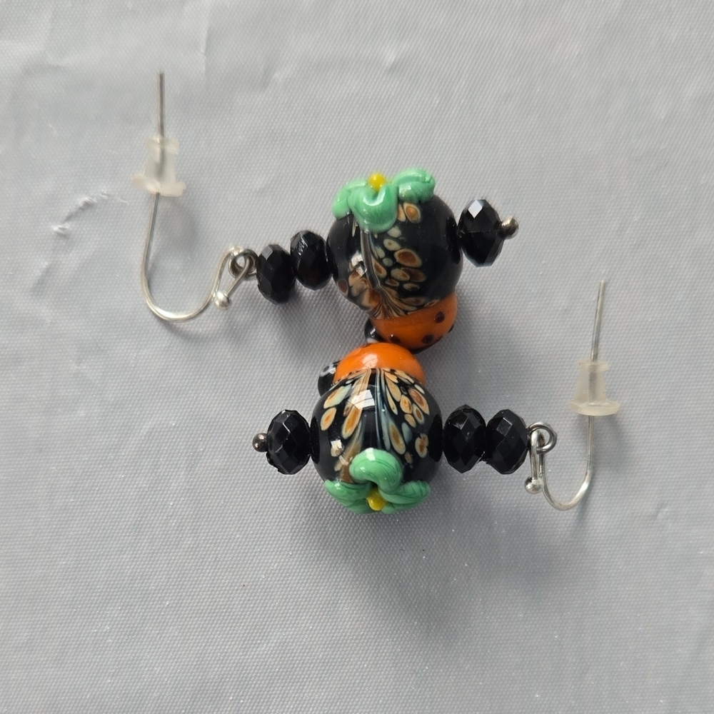 Lady Bug Black and Orange Beaded Earrings